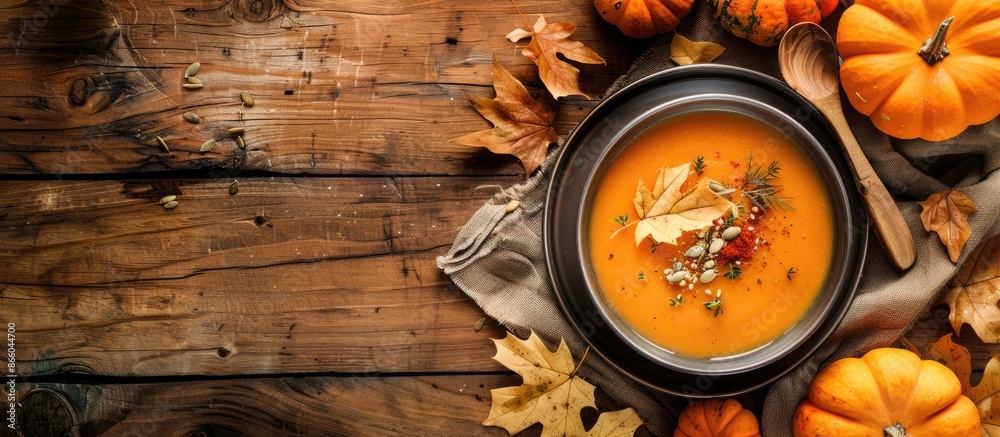 Poster autumn-themed table setting with pumpkin carrot soup and ingredients, ideal for food and nutrition c
