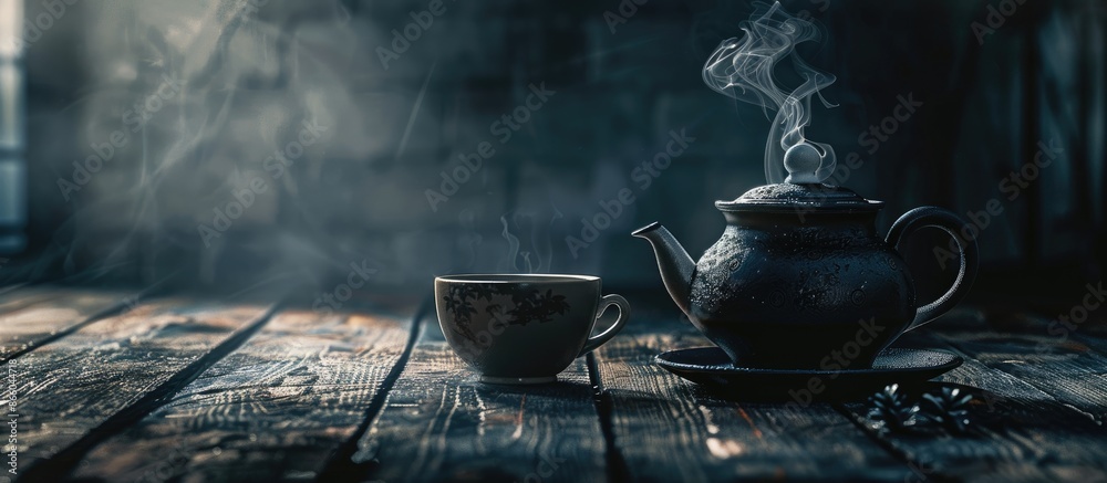 Poster vintage style tea setup with a dark tea background featuring an asian teapot, steaming tea mug on a 