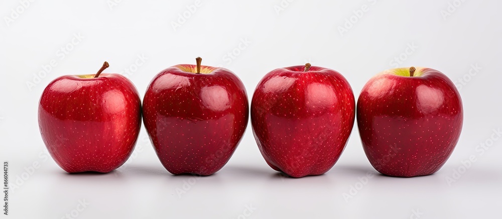 Poster flat lay food photography of three ripe, red apples on a white background, representing a healthy nu