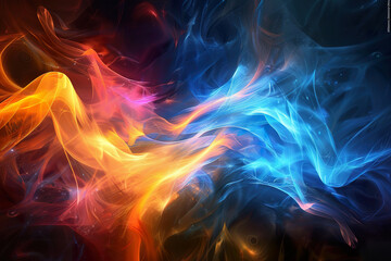 A colorful, abstract painting of flames with a blue and orange swirl, generative ai image.