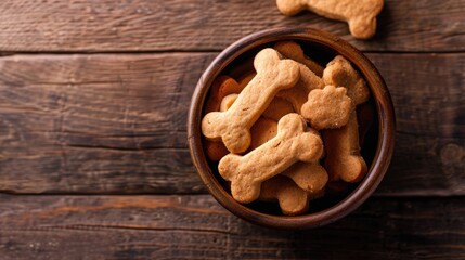 Fototapeta premium Pet Treats. Dog Bowl with Food on Wooden Table. Bone Biscuits Snack for Pets