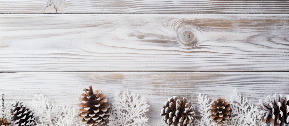 Poster white wooden table decorated with pine cones, creating a pure christmas ambiance with copy space ima
