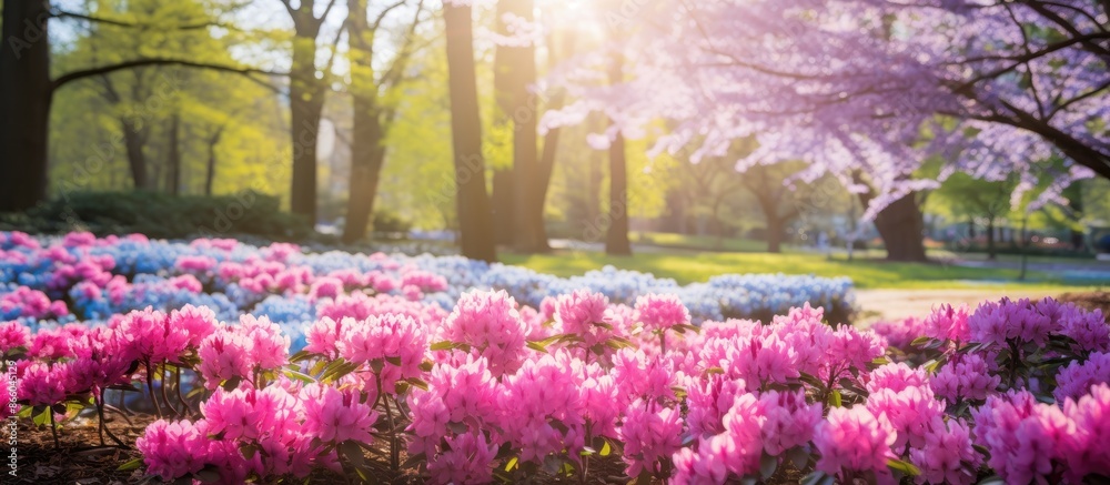 Poster stunning blooms in the park with ample copy space image available.
