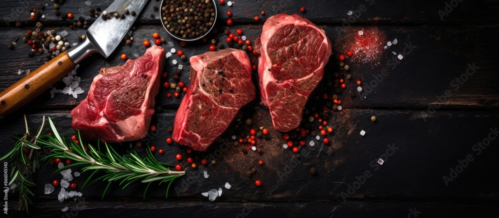Aufkleber a selection of seasoned raw beef steaks and grilling tools on a dark rustic board with copy space im