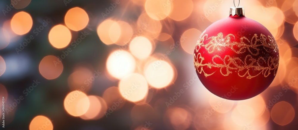 Poster Close-up of a red Christmas ornament on a green tree branch with string lights in the background for a winter holidays greeting card and copy space image.