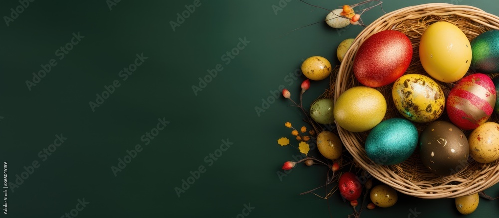 Poster Top view of a wicker basket filled with Easter eggs adorned in golden paint on a colorful background, with room for text in the image. with copy space image. Place for adding text or design