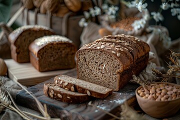 Freshly baked homemade bread loaf on a wooden cutting board with seeds and a rustic aesthetic. Concept of bakery, baking, healthy food and lifestyle.