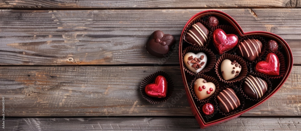 Poster Valentine's Day-themed box of chocolates displayed on a wooden surface with a blank space for an image. with copy space image. Place for adding text or design
