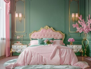 Bedroom Pink Interior. Art Deco Style Design in Green, Pink, and Gold Color Scheme - 3D Illustration