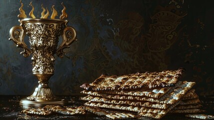 Passover Seder Plate with Matzah and Kiddush Cup. Jewish Holiday Tradition