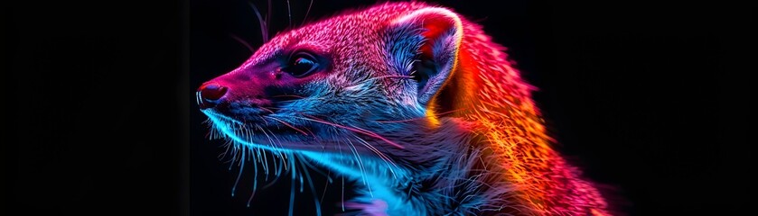 Neon Mongoose Poised in Vibrant Glow on Black Background with Copy Space