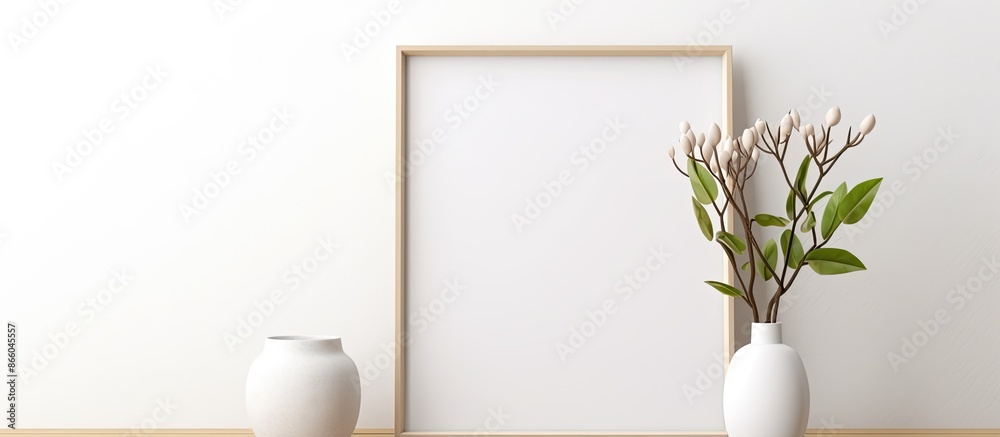 Poster White wall with a vertical empty frame mockup featuring a flower pot, providing a blank canvas for artwork, including copy space image.