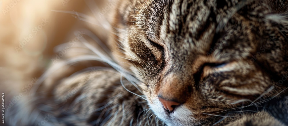 Poster a charming tabby cat, looking down peacefully in a close-up portrait with available copy space image