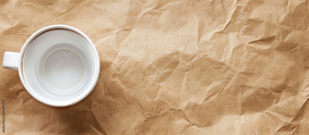 Poster top view closeup photo of an empty white coffee cup on a brown paper with copy space image.