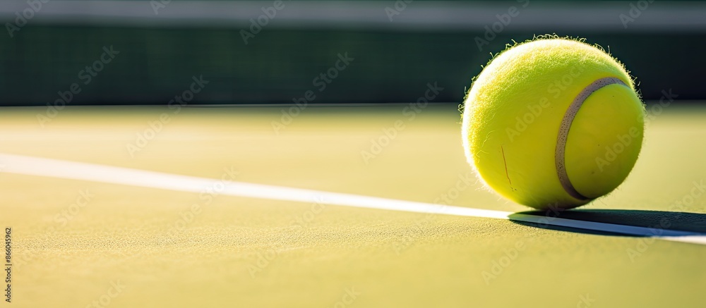 Poster a close-up of a tennis ball and racket on an acrylic court surface with an empty copy space image av