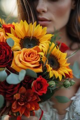 Naklejka premium Sunflower And Rose Bouquet for Wedding. Yellow, Red and Green Flowers in the Hand of a Woman