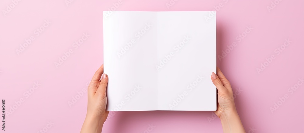 Poster High-quality photo of a person holding a book mockup against a pink background with an empty white hardcover for text or design, providing ample copy space image.