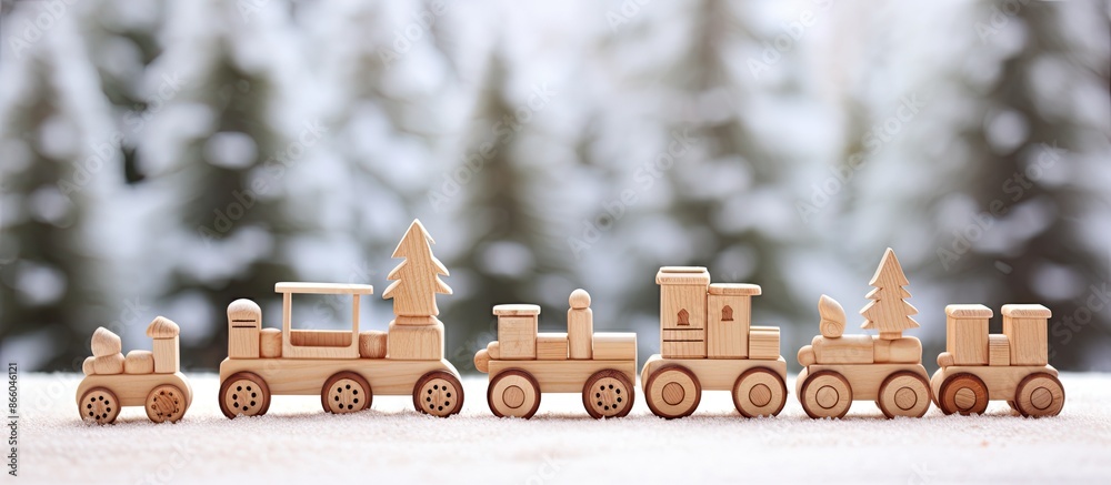 Poster wooden pine toys on a snowy backdrop with copy space image available.