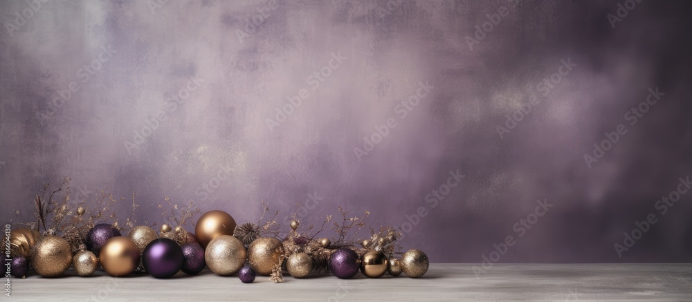 Poster a festive holiday backdrop featuring shimmering bronze, deep purple, and cool gray ornaments on a te