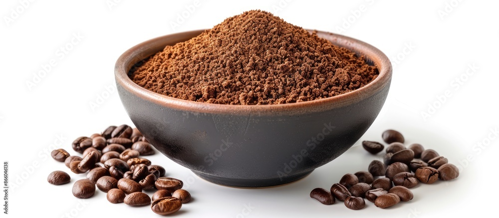 Poster ground coffee and beans coffee in bowl isolated on white background. copy space image. place for add