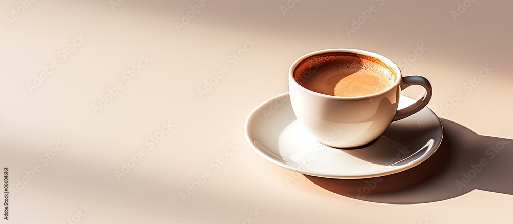 Leinwandbilder in the morning light, a cup of coffee is placed on a white background with a shadow, creating a visu
