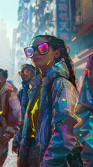 Fototapeta premium Stylish woman in reflective jacket and colorful sunglasses walking through urban street with vibrant lights and city background.