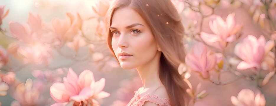 woman in pink dress holding magnolia flowers on branch near blooming bush 4K Video