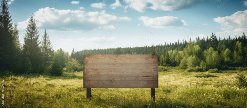 Poster Wooden signboard in a meadow with a cloudy sky and trees in the background, perfect for a copy space image.