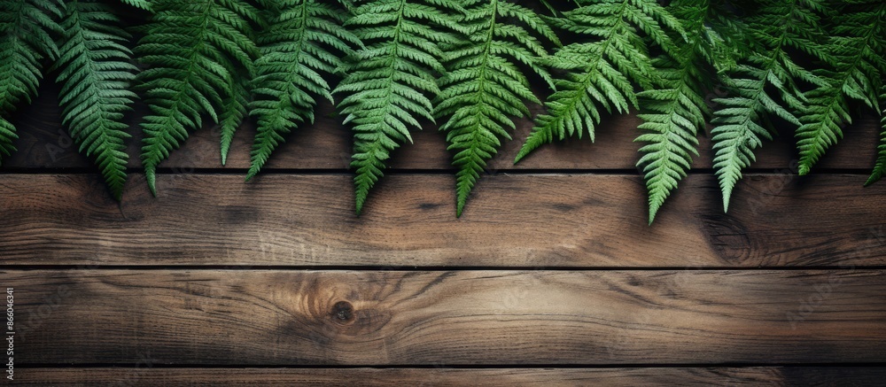 Aufkleber natural background with fern leaves on a rustic table, featuring copy space image.