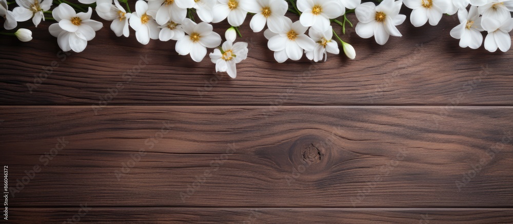 Poster Wooden surface with white flowers arranged for use as a background in a copy space image.