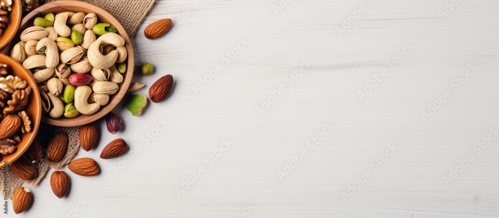 Leinwandbilder Top view of a wooden bowl with assorted nuts on a white table, creating a healthy snack with walnuts, pistachios, almonds, and hazelnuts, in an image with space for writing. with copy space image