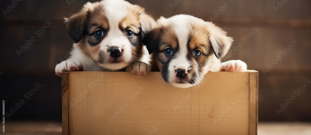 Aufkleber Two adorable puppies sit in a cardboard box with a empty sign on display, ideal for adding text or graphics with copy space image.