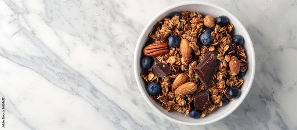 Poster granola, dark chocolate, nuts, blueberries in a bowl placed on a white marble surface providing a he