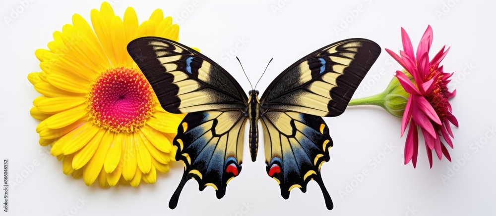 Poster a gerbera flower with a swallowtail butterfly, papilio machaon, isolated on a white background, leav