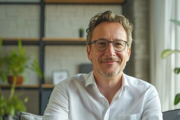 Man Talking To Camera. Happy Businessman Consults Client on Webcam. Virtual Business Coaching with Manager