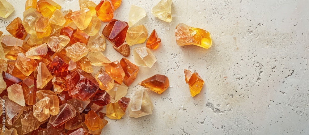 Poster amber. heap of natural unprocessed pieces of amber of different colors, shapes and sizes on a pastel