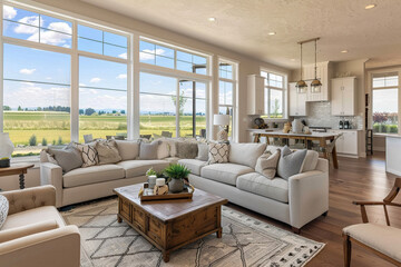 A large living room with a white couch and a coffee table, generative ai image.