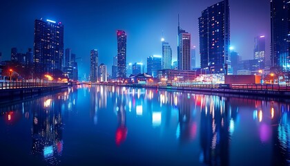 Fototapeta premium Shanghai skyline at night with reflection in Huangpu river,China.