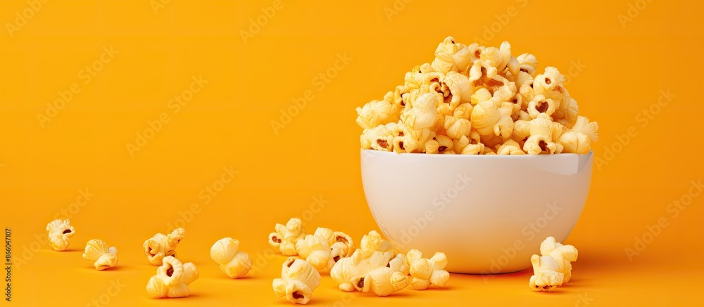 Aufkleber Bowl filled with sweet caramel popcorn on yellow backdrop with copy space image.
