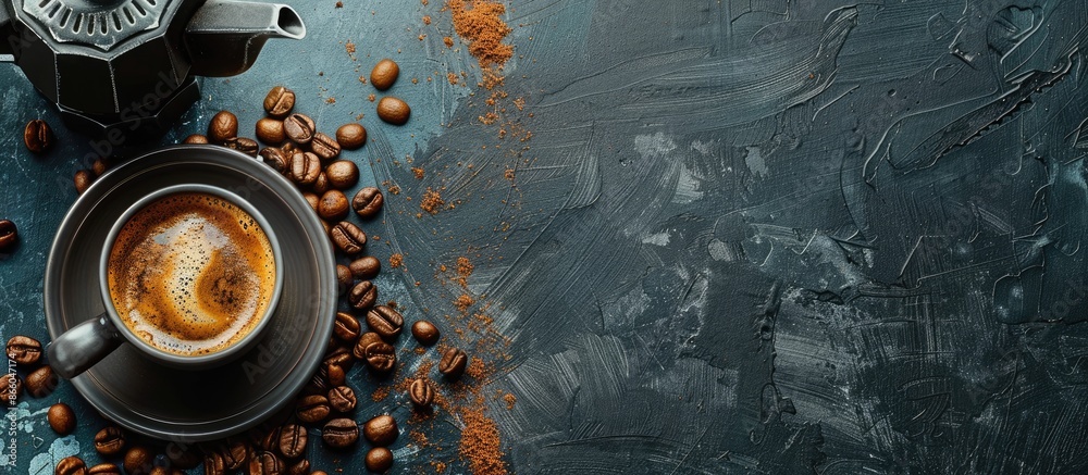 Poster an image featuring a cup of coffee, roasted beans, and a coffee pot as the main subject, with empty 