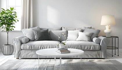 Fototapeta premium Stylish living room with gray couch, white coffee table and lamp. Interior design