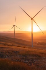 Obraz premium Scenic rural landscape at golden hour with wind turbines generating renewable energy