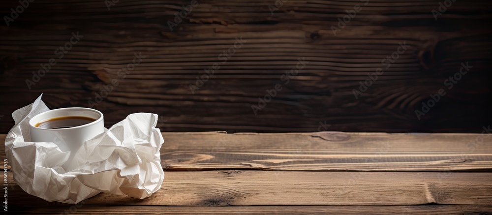 Poster Crumpled paper and a coffee cup on a wooden background create a rustic scene with a designated copy space image.