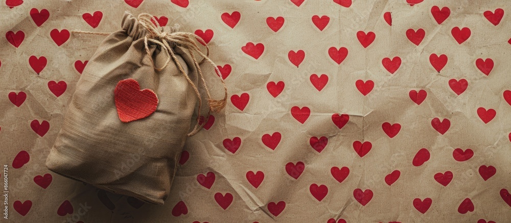 Poster Sacks laid on a heart-patterned background with copy space image.