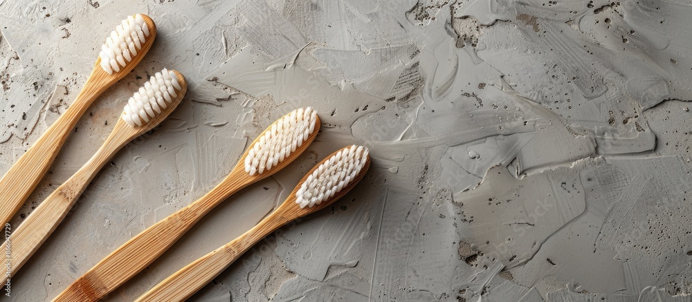 Poster Biodegradable wooden toothbrushes made from eco-friendly bamboo, displayed on a gray stone background from a top view with a spacious area for text or images. with copy space image