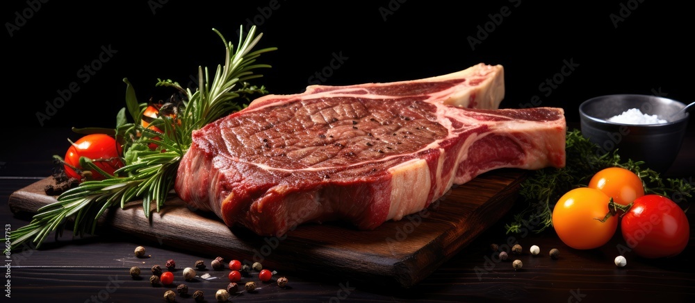 Fototapete t-bone steak displayed on a black wooden table, with room for text alongside the image. with copy sp