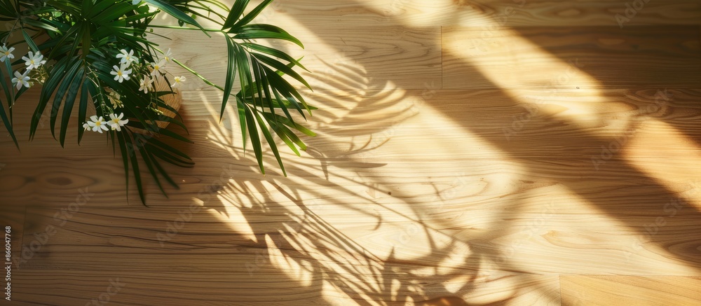Fototapete hamedorea flower stand on wooden floor in sunlight with shadow from leaves. green palm tree branches