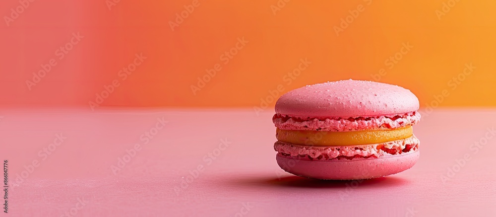 Aufkleber Close-up of a vibrant French macaron or macaroon against a pink and orange backdrop with ample space for text or images.