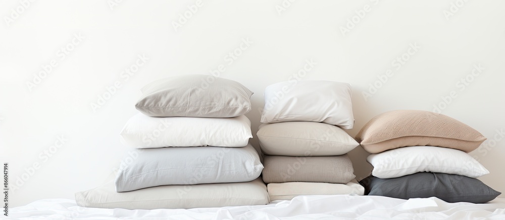 Aufkleber clean bed sheets and pillow stacked neatly against a white backdrop, with available copy space image