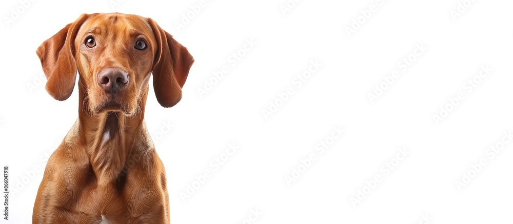 Poster Charming red dog seated against a white backdrop with copy space image.